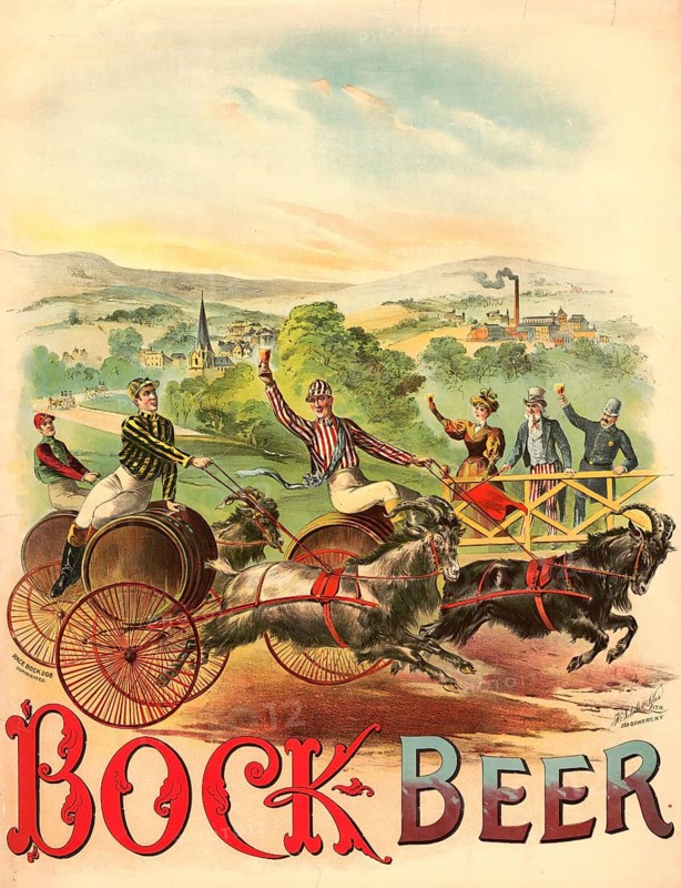Advertising poster, beverage advertisement, advertising poster for buck Beer from 1895, which was lithographed by Rode & Brand. The picture shows a humorous goat race, Race buck, in which jockeys sit on wagons pulled by goats, authentic reproduction of a historical advertising poster, advertising sign, in high resolution, historical