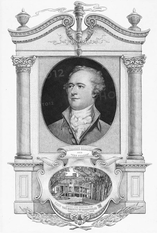 Alexander Hamilton (born 11 January 1755 or 1757 in Charlestown, Nevis, West Indies, now St Kitts and Nevis, died 12 July 1804 in New York City) was an American statesman, one of the Founding Fathers of the United States and its first Secretary of the Treasury, American history, authentic, digitally restored reproduction of a 19th-century original, exact date of the depiction unknown, historical