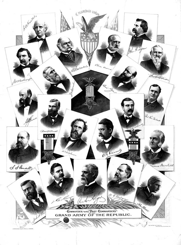 The poster depicts the Commander-in-Chief and former commanders of the Grand Army of the Republic (G.A.R.), an influential fraternal order of Union Army veterans following the American Civil War. Portraits of prominent commanders of the veterans' organisation from the late 1880s, an authentic, digitally restored, high-resolution reproduction of a 19th-century original, exact date of the depiction unknown, American history, historical