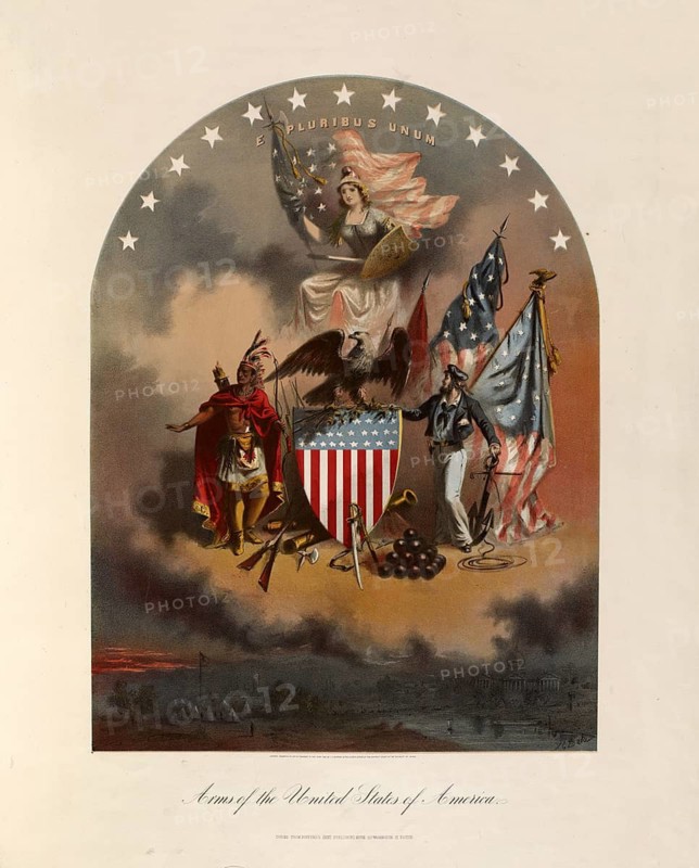 Lithograph titled Arms of the United States of America from 1864, which presents an allegorical depiction of American freedom Columbia surrounded by symbols of the nation such as the US coat of arms, a sailor, an indigenous American and the American eagle, American history, authentic, digitally restored reproduction from a 19th-century original, exact date of depiction unknown, historical