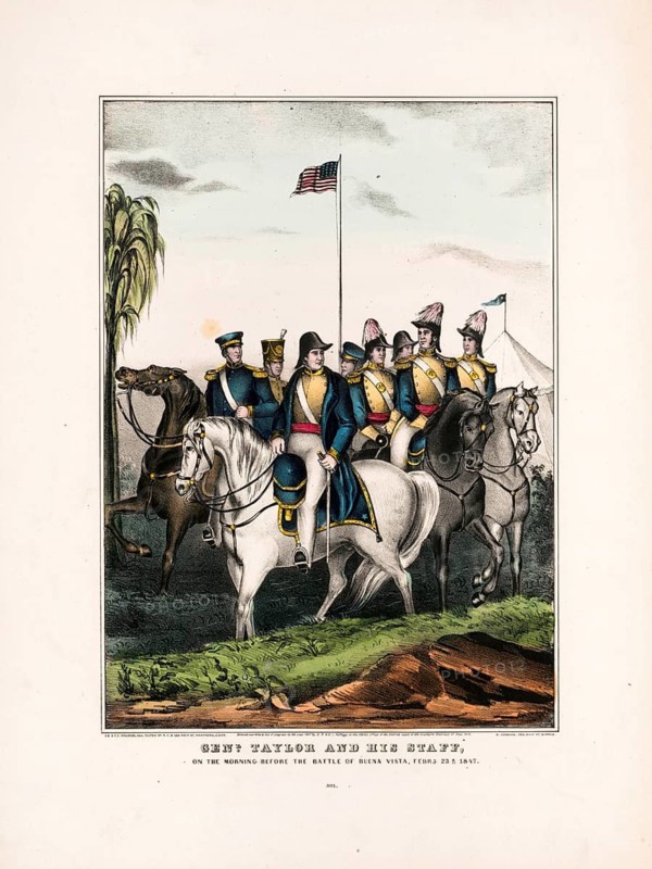General Zachary Taylor in the foreground on the white horse and his officer staff on horseback. The reference is to the early campaigns of the war such as Palo Alto, Resaca de la Palma, Monterrey and Buena Vista, which later helped Taylor achieve great fame and paved the way for his election as 12th US President in 1848, American history, authentic, digitally restored reproduction in high resolution from a 19th-century original, exact date of presentation unknown, historical