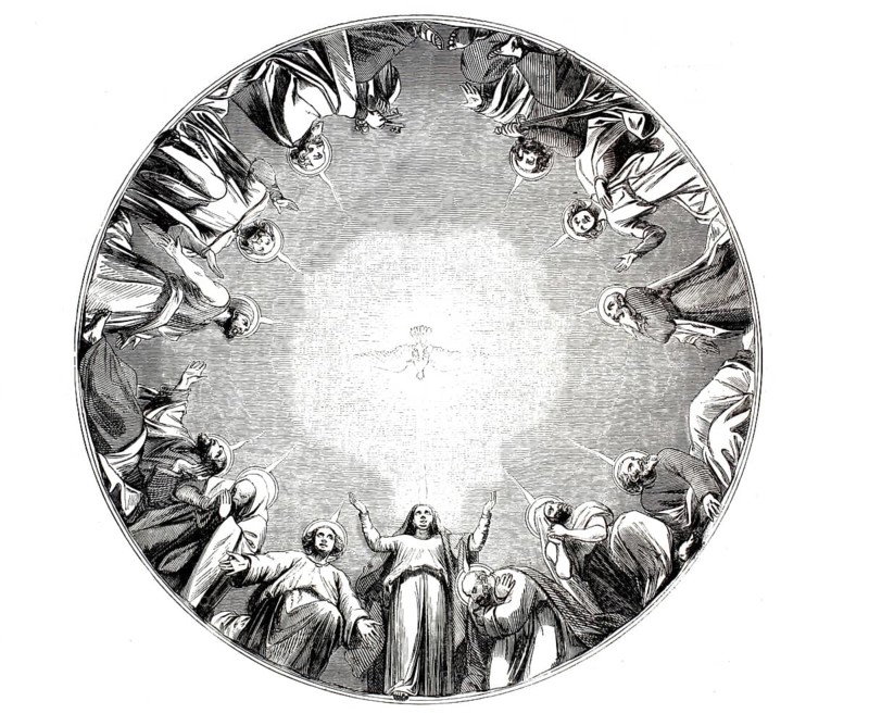 A design for a domed stained-glass window in a chapel, which was produced on glass at the famous French porcelain manufactory in Sèvres (Manufacture nationale de Sèvres), depicts the biblical Feast of Pentecost, during which the Holy Spirit descends upon the Apostles and the Virgin Mary. Intended for the royal chapel in Dreux, c. 1880, illustration, reproduction of a 19th-century original. Authentic, file restored for optimal use, exact date of the original unknown, historical