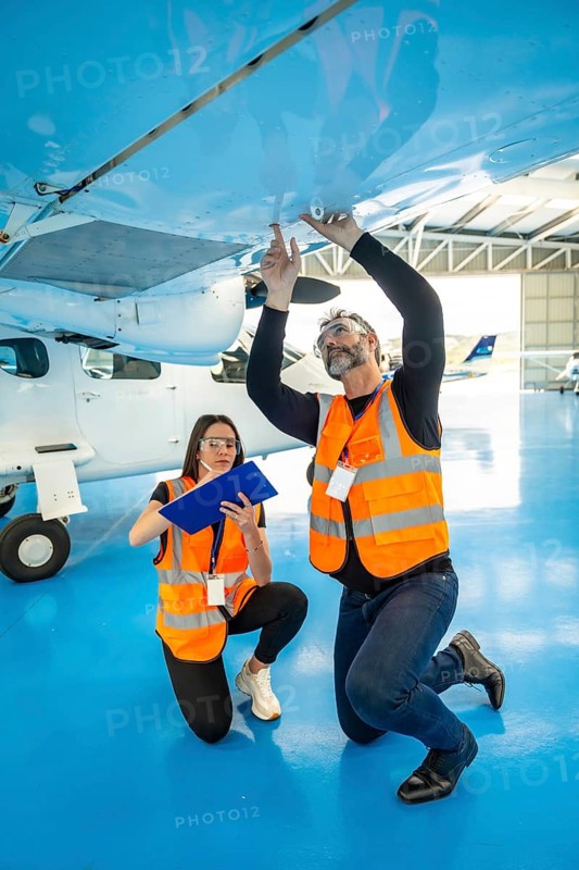 Aviation engineers with safety vests and glasses inspecting an airplane wing in a hangar, one checking the surface while the other writes on a clipboard, ensuring flight safety and quality control