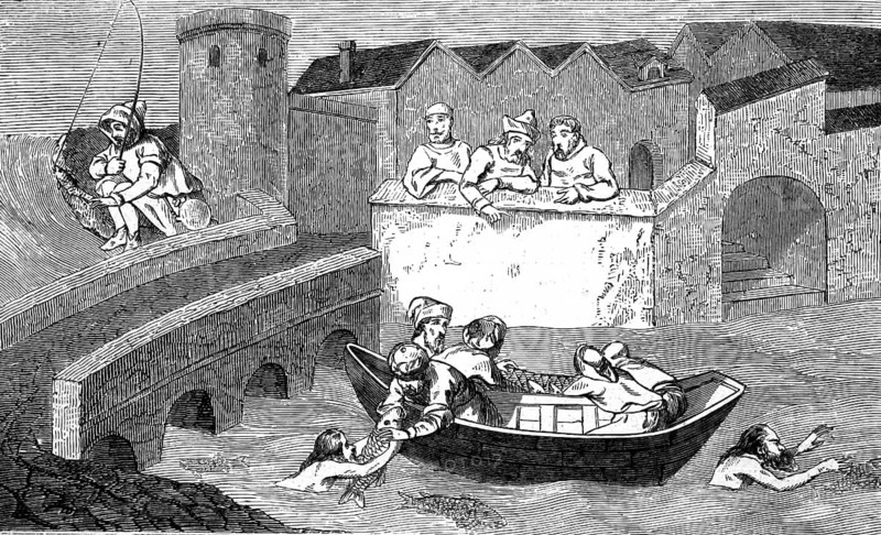 Livre des Merveilles, Book of Wonders, medieval account of fishing and river life in China or Central Asia, as observed and described by Marco Polo during his travels. The picture shows fishermen in a boat catching fish while a floating person helps in the water and onlookers watch what is happening from a bridge and a wall, authentic, high-resolution reproduction of a model from the 19th century, exact date of depiction unknown, historical
