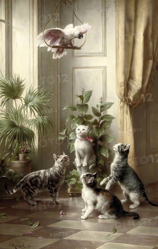 Carl Reichert, Karl Reichert, pseudonym J. Hartung (born 27 August 1836 in Vienna, died 5 April 1918 in Graz) . Austrian painter, especially landscape painter and animal painter. Here his work:, Cats and the cockatoo (1898), four cats curiously watching a cockatoo in a ring on a swing, Painting, Reproduction of the painting, Work of art, Historical