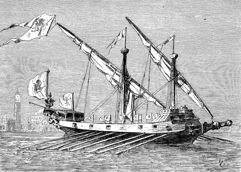 17th century warship from Venice, galley with 26 pairs of straps, authentic, high-resolution reproduction from a 19th century model, exact date of depiction unknown, historical