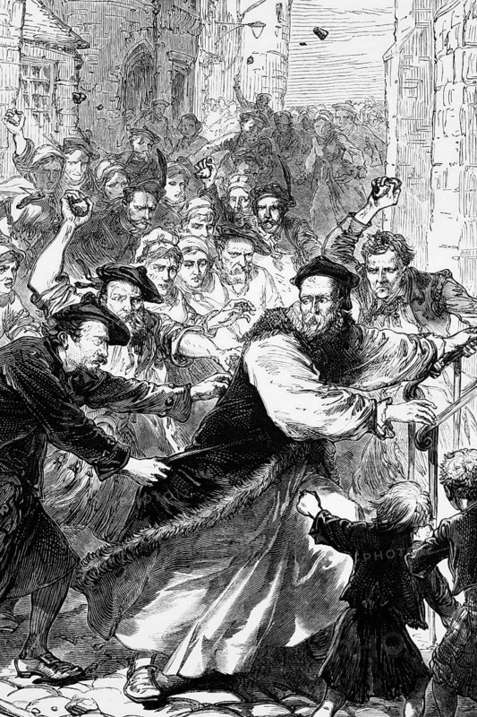 In 1640, a certain Jenny Geddes, a Scottish market trader in Edinburgh, threw her stool at the head of the vicar in St Giles' Cathedral to protest against the first public use of the Anglican Prayer Book in Scotland. This act is said to have led to riots in which the mob persecuted clergymen and even bishops, England, digital reproduction of a historical model