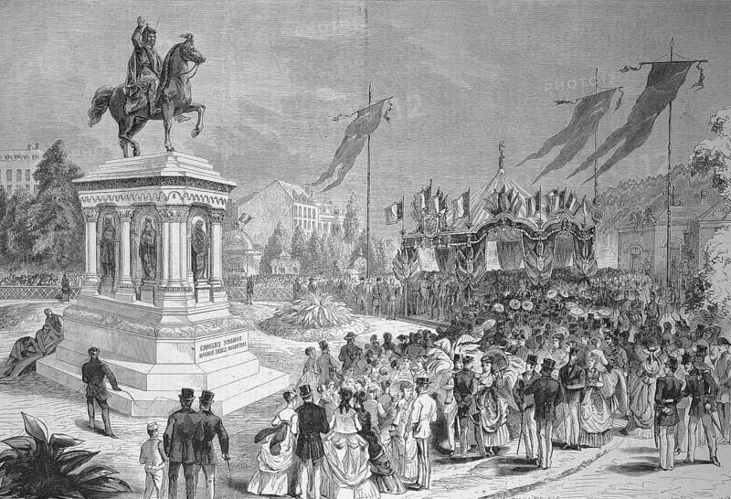 Inauguration of the equestrian monument to Charlemagne, 26 July 1868, in Liege, Liège, Belgium, Historic, digitally restored reproduction of a 19th century original