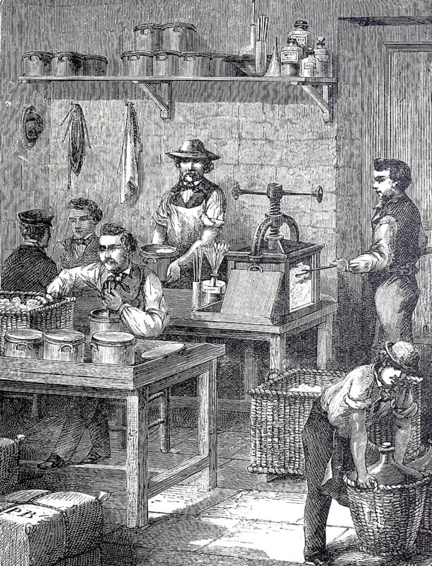 Workroom of the factory for gun cotton, around 1850, in Le Bouchet near Paris, France, digitally enhanced reproduction of a 19th century model, historical