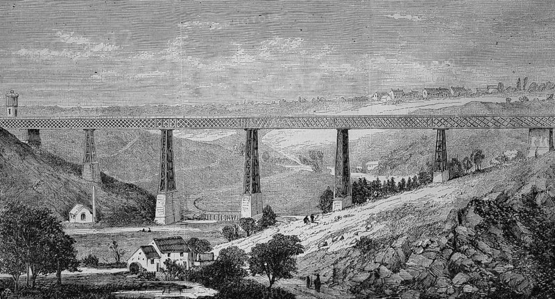 Montlucon railway bridge, viaduct over the valley La Vallee de la Creuse, 1869, France, Historic, digitally restored reproduction of a 19th century original, exact original date unknown
