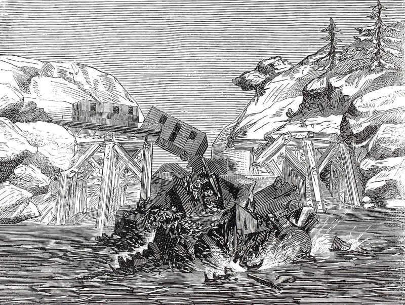 Ashtabula railroad accident on December 29, 1876 near the city of Ashtabula in the US state of Ohio. After the collapse of a bridge, a passenger train with more than 150 people on board fell 20 meters deep and burst into flames. 92 people died, illustration, reproduction of a model from the 19th century. Authentic, file restored for optimal use, exact date of submission unknown, historical