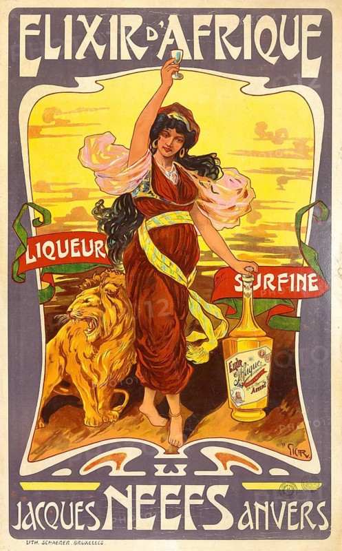 Advertising poster, beverage advertisement, promotional poster for Elixir d'Afrique. The Jacques Neefs brand shown comes from a steam distillery founded in Antwerp in 1832. The poster was probably created between 1900 and 1910 and shows a woman with a lion, authentic reproduction of a historical advertising poster, advertising sign, in high resolution