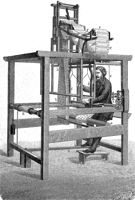Joseph-Marie Jacquard's programmable loom with punch card control, Jacquard loom, 1880, Historical, digital reproduction of an original 19th century model
