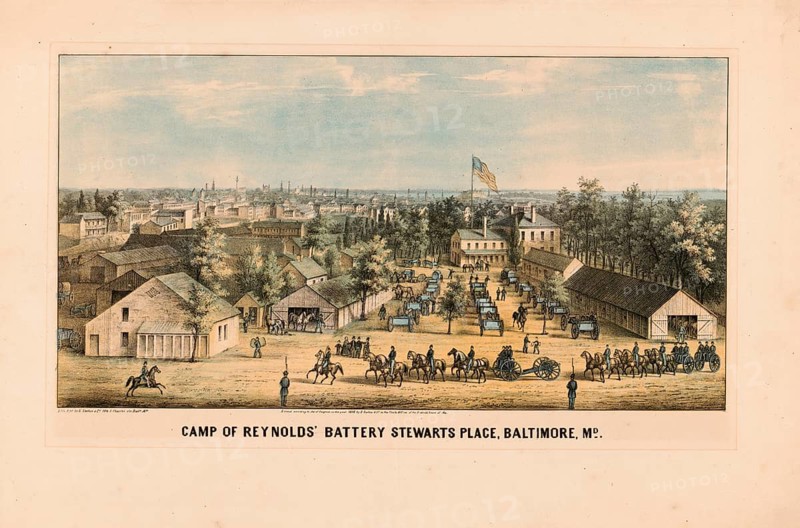 A lithograph dating from the period of the American Civil War (c. 1861–1862) entitled *Camp of Reynolds' Battery, Stewarts Place, Baltimore, Md*, It depicts an artillery camp of the Union forces on the Stewarts' estate (Steuart's Hill) in Baltimore, Maryland. The camp shows soldiers, horses, tents, shelters and cannons, as well as artillery equipment of the Union Army during the early American Civil War, an authentic, digitally restored, high-resolution reproduction of a 19th-century original, exact date of the depiction unknown, American history, Historical