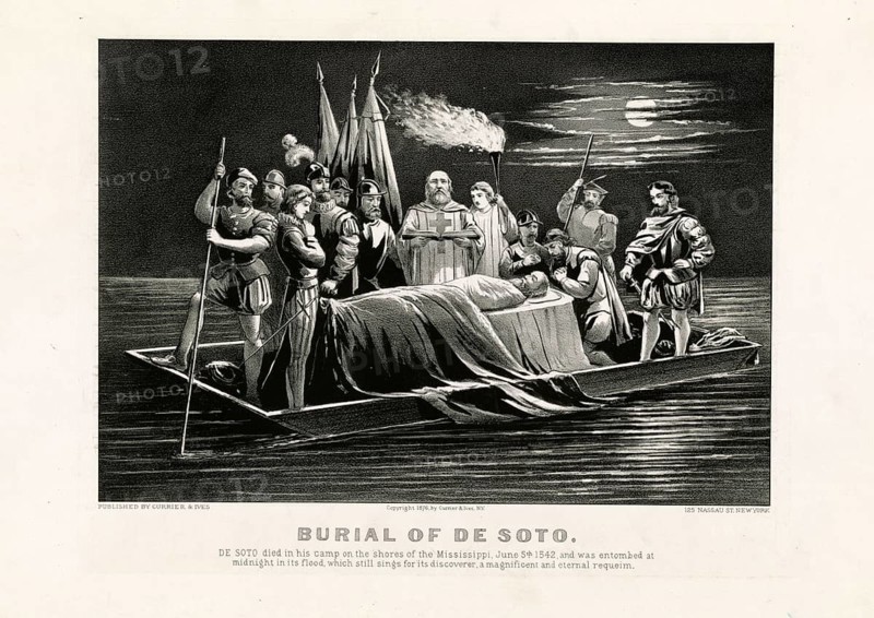 Burial of conquistador Hernando de Soto in the Mississippi. The nighttime scene depicts how the discoverer's body is buried on a boat in the Mississippi floods under moonlight, accompanied by praying companions and torchlight, authentic, digitally restored reproduction in high resolution from a 19th-century original, exact date of presentation unknown, American history, historical