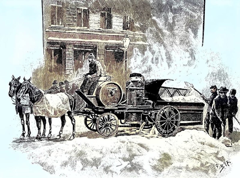 Snow melting machine in New York, coloured wood engraving, reproduction of an original from ca 1888, Historical, Historical fire brigade scene with horse-drawn carriage and smoke in the background