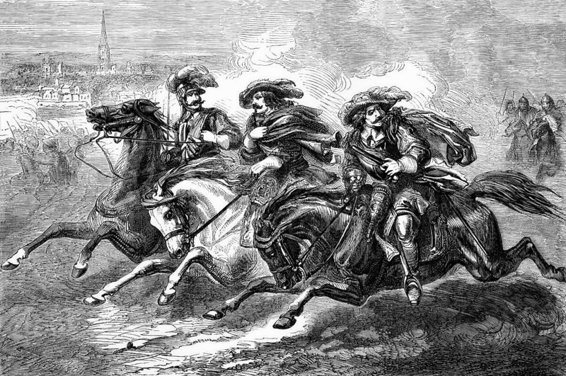 Cavaliers fleeing the Battle of Naseby, the key battle of the First English Civil War. On 14 June 1645, the main army of King Charles I was crushed by the parliamentary New Model Army under the command of Sir Thomas Fairfax and Oliver Cromwell, England, digital reproduction of a historical model