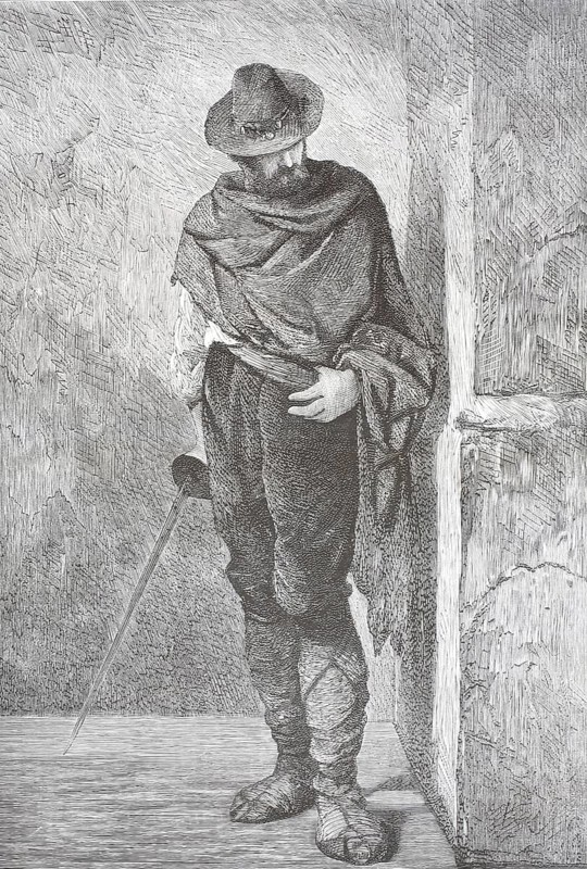 On guard, on the lookout, or alert. Body position, bent slightly forward, head down to better perceive sounds. Hand on sword: Always ready to draw the weapon in case of discovery or danger. Pushed close to the wall to remain hidden in the shadows, illustration, reproduction from a 19th-century model. Authentic, file restored for optimal use, exact date of submission unknown, historical
