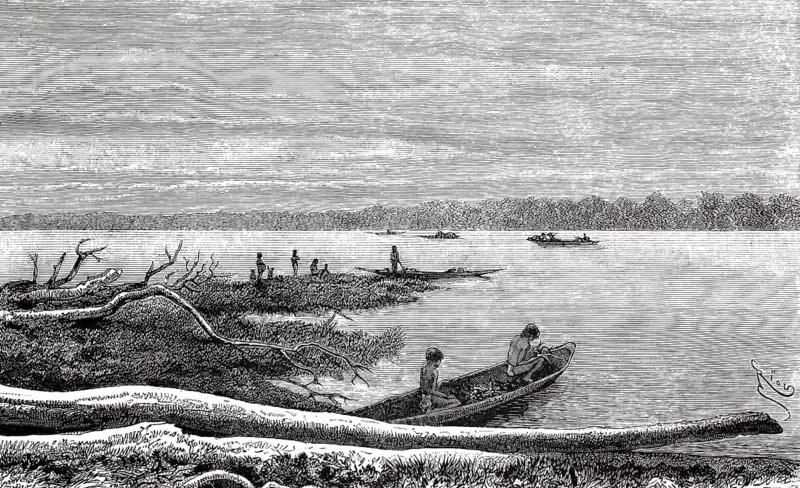 Guaraunos, also known as Warao, an indigenous people in the Orinoco Delta in Venezuela, here with fishing boats on the river, 1896, illustration, reproduction from a 19th-century model. Authentic, file restored for optimal use, exact date of original unknown, historical, people on the riverbank with dugout and tree trunks, quiet scenery