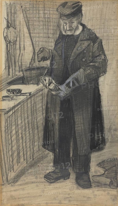 Man Polishing A Boot (1882), Man Polishing A Boot (1882), Painting by Vincent Willem van Gogh (born 30 March 1853 in Groot-Zundert, died 29 July 1890 in Auvers-sur-Oise), Dutch painter and draughtsman, one of the founders of modern painting, Illustration, Reproduction from a painting. Authentic, exact date of original unknown, Historical, Elderly man with beard looking at his hands in a shady room