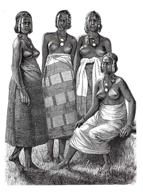 Local woman from the Upper Niger region, 1896, Niger, Africa, illustration, reproduction from a model from the 19th century. Authentic, file restored for optimal use, exact date of submission unknown, Historic, four woman in traditional dresses and jewelry pose together