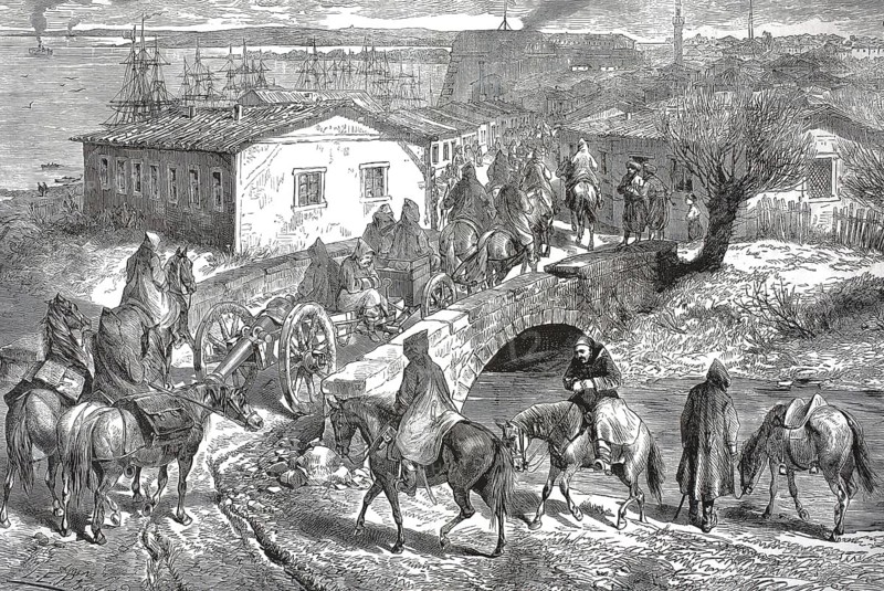Guerre d'Orient, Oriental War, contemporary French term for the Russo-Turkish War (1877-1878. Arrival of the Turkish army in the Bulgarian harbour town of Roustchouk, today's Russe in Bulgaria, illustration, reproduction from a 19th century original. Authentic, file restored for optimal use, exact date of original unknown, Historical
