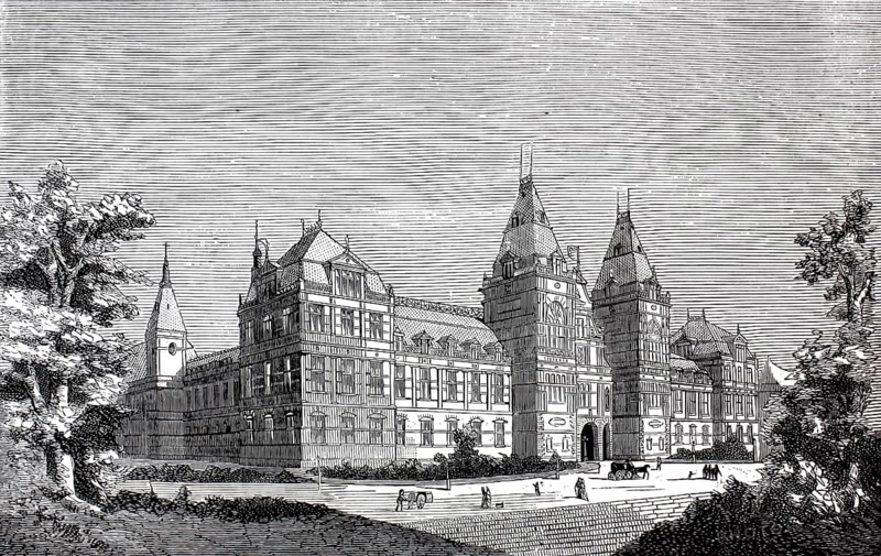 The historical graphic is the original architectural design for the Rijksmuseum in Amsterdam, designed by the famous Dutch architect Pierre Cuypers, 1885, Holland, illustration, reproduction from a model from the 19th century. Authentic, file restored for optimal use, exact date of submission unknown, historical