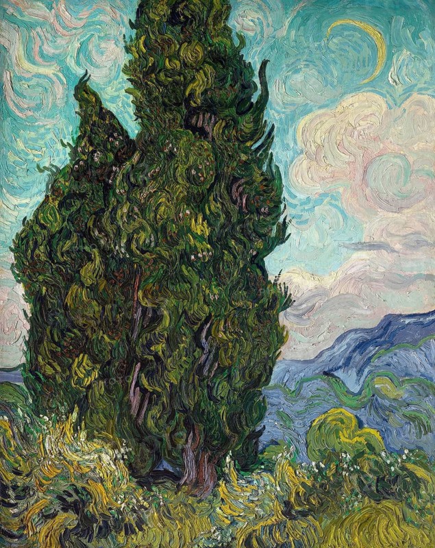 Cypresses (1889), Cypresses (1889), painting by Vincent Willem van Gogh (born 30 March 1853 in Groot-Zundert, died 29 July 1890 in Auvers-sur-Oise), Dutch painter and draughtsman, one of the founders of modern painting, illustration, reproduction of a painting. Authentic, exact date of the original unknown, Historical, Cypress tree in a lively mountain landscape with colourful sky and clouds