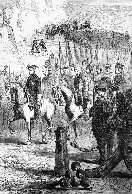 Charles XII of Sweden marches into Copenhagen after the Battle of Narva in 1700, when he temporarily threw both Denmark-Norway and Russia out of the Great Northern War, digital reproduction of a historical model