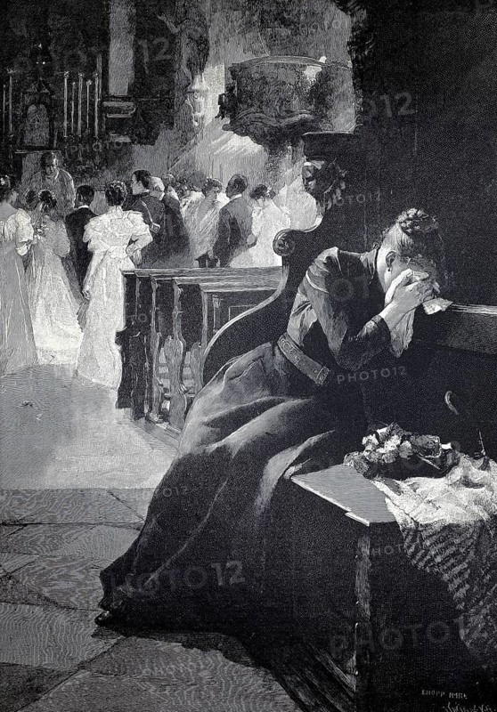 A grieving woman sitting in a church or a bench and hiding her face in her hands, in the background is a group of other people in formal dress, suggesting a funeral or similar solemn occasion, wedding, 1896, illustration, reproduction from a 19th-century model. Authentic, file restored for optimal use, exact date of submission unknown, Historic, A woman sits sadly on a church pew and hides her face while people stand in the background