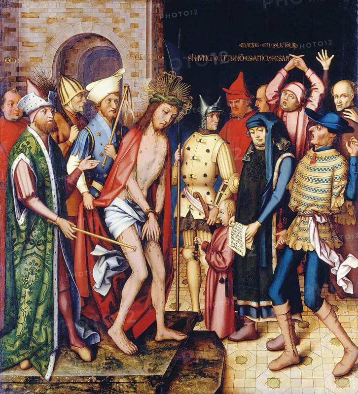 Ecce Homo scene from the Frankfurt Dominican altar, depiction shows Christ in front of Pilate and is often interpreted as part of an aggressive pictorial propaganda against the Jewish population in Frankfurt, authentic reproduction of a work of art, painting, drawing by Hans Holbein the Elder (born 1465 in Augsburg, died 1524 in Basel or Isenheim), German Renaissance painter, historical