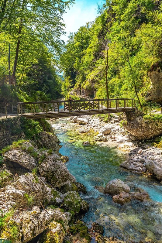 Turquoise colored tolminka river flowing through tolmin gorges in triglav national park, with a wooden bridge crossing the canyon