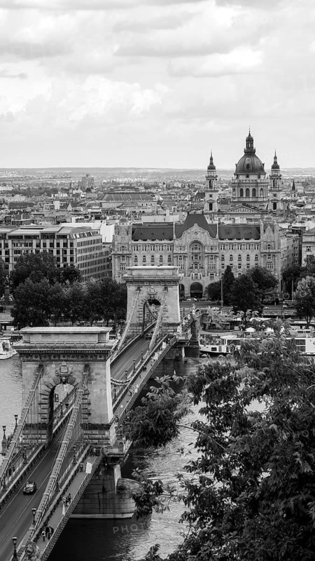 This black and white image captures the panoramic view of Budapest, Hungary, including the iconic Chain Bridge and St. Stephen's Basilica, showcasing the architectural splendor of the city's skyline