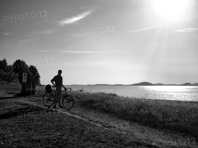Cyclist on a lakeside path enjoying sea view, bike ride, sparkling water surface, sun rays, back light, monochrome, Baltic Sea, Mönchgut, Germany