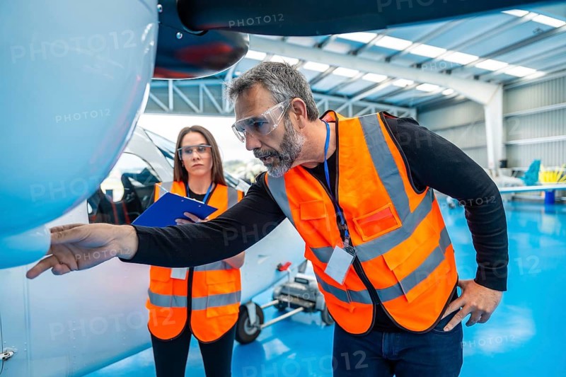 Aviation engineers are meticulously inspecting an airplane engine and structure inside a large maintenance hangar, ensuring safety protocols and quality control for flight operations