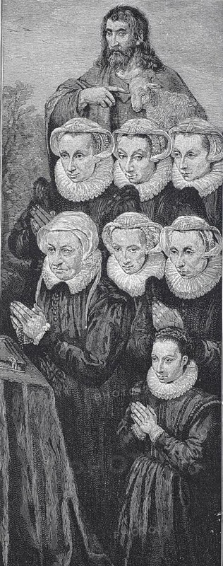 Jeanne de Rivere and her six daughters, after an altarpiece, digital reproduction of an original from the 19th century, historical