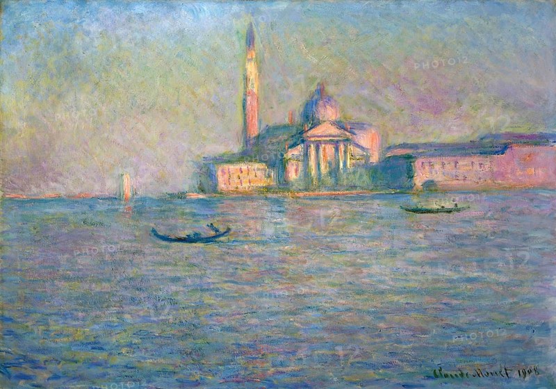 Claude Monet (b. 14 November 1840 in Paris as Oscar-Claude Monet, d. 5 December 1926) important French painter, Impressionist style. Here is his work, The Church of San Giorgio Maggiore, Venice (1908), The Church of San Giorgio Maggiore, Venice (1908), city view at dusk with boats on a calm body of water, surrounded by gentle architecture