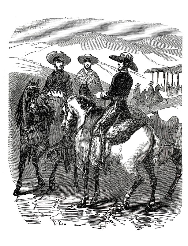 A festival in Santa Anna, 1860, Mexico, typical Mexican rancheros or chinacos in traditional dress on horses as visitors, authentic, high-resolution reproduction from a 19th-century model, exact date of presentation unknown, historical