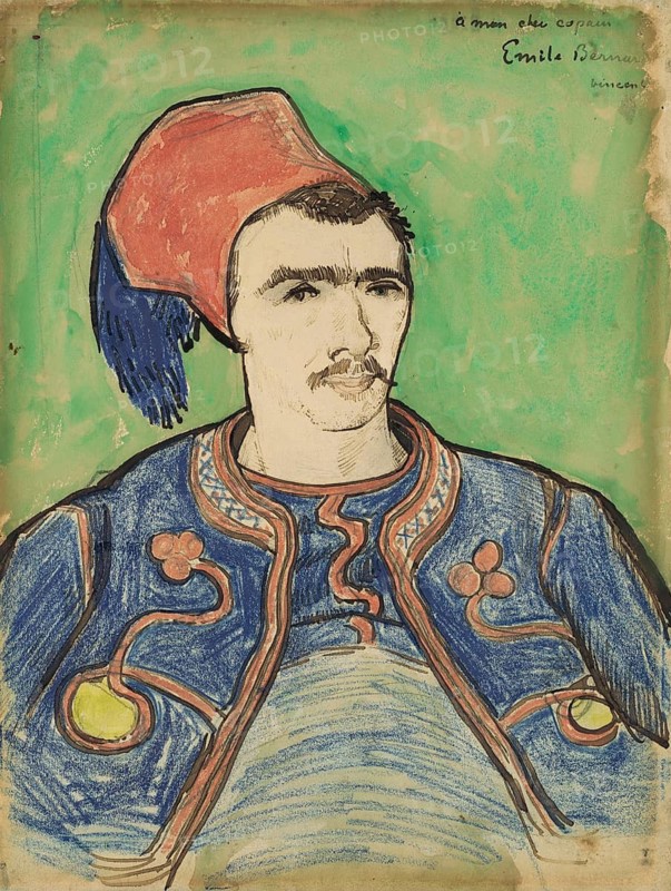 The Zouave, The Zuave, painting by Vincent Willem van Gogh (born 30 March 1853 in Groot-Zundert, died 29 July 1890 in Auvers-sur-Oise), Dutch painter and draughtsman, one of the founders of modern painting. He portrayed a soldier of the French army, a so-called Zuaven, illustration, reproduction of a painting. Authentic, exact date of the original unknown, Historical, A man with traditional red hat and clothing, drawn in vivid colours
