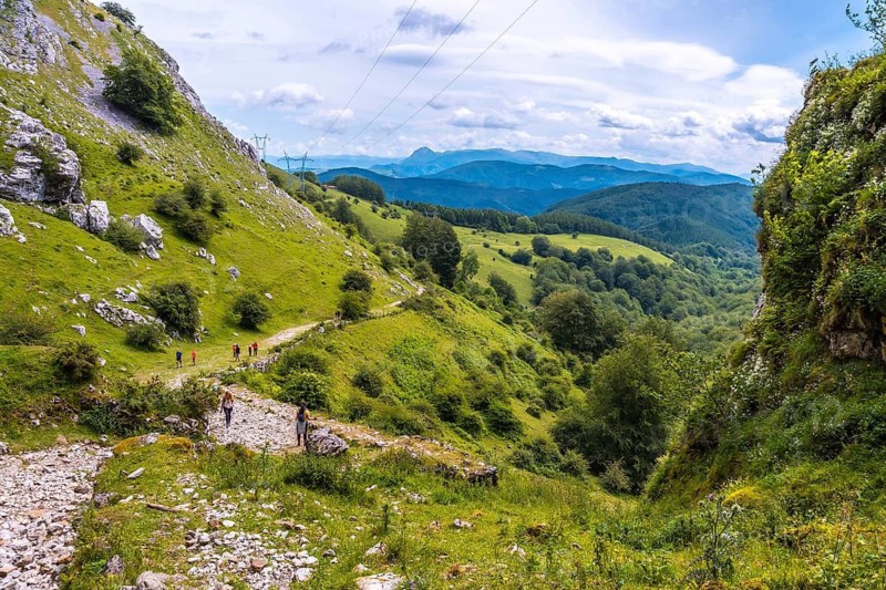 Views from the cave of San Adrian. Mount Aizkorri 1523 meters, the highest in Guipuzcoa. Basque Country. Ascent through San Adrian and return through the Oltza fields