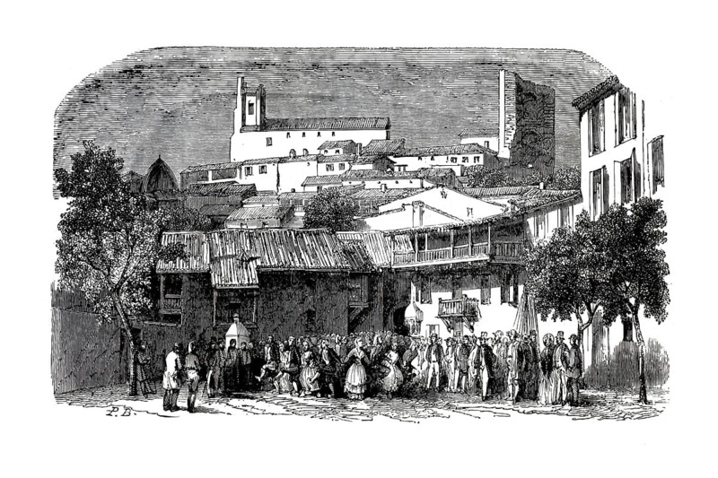 Spa town of Vernet-les-Bains in the Pyrénées-Orientales department in southern France, the hustle and bustle of a public square in the old town center around 1860, illustration, reproduction of a model from the 19th century. Authentic, file restored for optimal use, exact date of submission unknown, historical