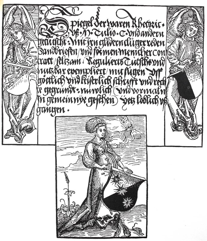 Illustration to the Mirror of True Rhetoric, title page with publisher's mark, woodcut by Albrecht Dürer, historical, digitally improved reproduction of an old woodcut