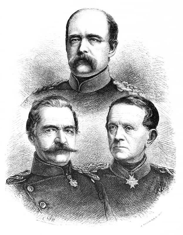 Portrait of three personalities of 19th century Prussia, Prince Otto von Bismarck, Chancellor and Prime Minister, Count Albrecht von Roon (left), General Field Marshal and Minister of War, Count Helmuth von Moltke, General Field Marshal and Head of the General Staff, historical illustration 1884