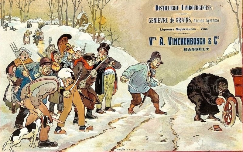 Advertising poster, beverage advertisement, Limbourgeoise Distillery poster for Vve A. Vinckenbosch & Co from Hasselt from 1906. Motif entitled Bear Hunt depicts an angry village community using pitchforks and rifles to hunt down a supposed monster. On closer inspection, however, the bear turns out to be a person in a thick fur coat repairing a broken wheel on a carriage along the way, authentic reproduction of a historical advertising poster, advertising sign, in high resolution