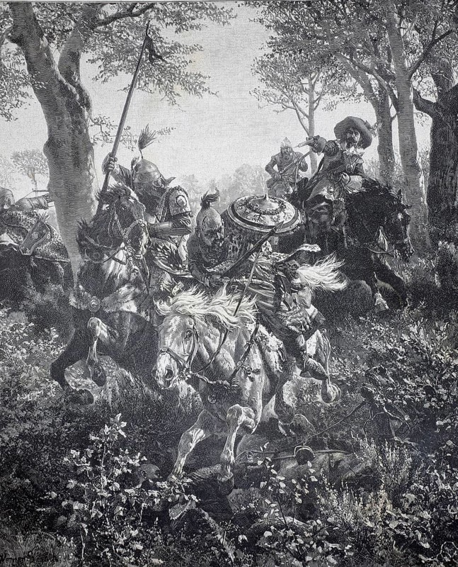 Tatars are persecuted by Sweden, scene from the Battle of Warsaw, 1656, authentic, digitally restored reproduction from a 19th century model, exact date of depiction unknown, historical, knights fighting in a forest during a medieval conflict