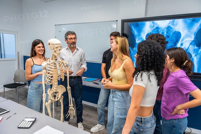 Professor demonstrates human anatomy with a skeleton model and x ray display while a diverse group of students listens attentively in a modern classroom setting focused on learning