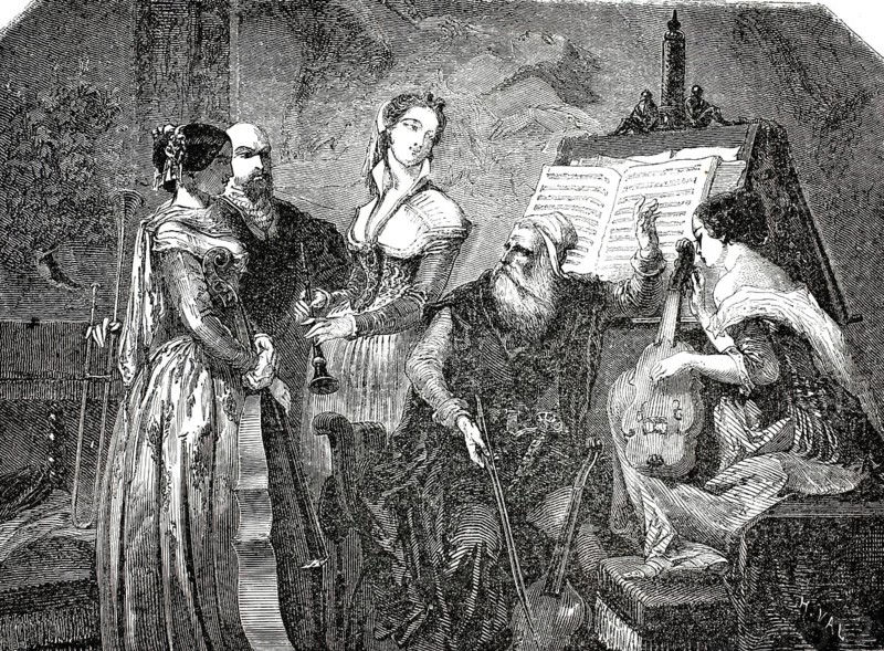 Palestrina's music stand. The scene depicts a historical performance or rehearsal from the era of the famous Renaissance composer Giovanni Pierluigi da Palestrina (16th century) . An elderly, bearded man sits in the centre, conducting the ensemble in front of a large, open music book. Surrounding him are several men and woman holding or playing historical musical instruments, including plucked and stringed instruments. Illustration: reproduction of a 19th-century original. Authentic, file restored for optimal use, exact date of the original unknown, historical
