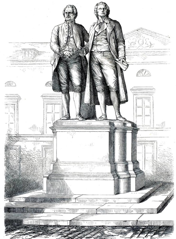 Goethe-Schiller monument in Weimar, which was inaugurated in 1857, Germany, authentic, high-resolution reproduction from a 19th century model, exact date of depiction unknown, historical