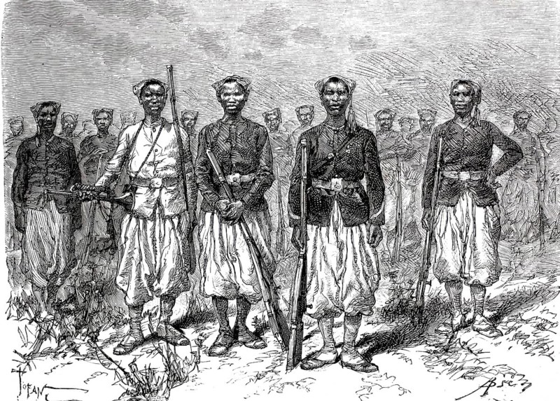 Tirailleurs of Senegal, native colonial troops of the French army, exploratory expedition of General Joseph Gallieni (1849-1916) in Africa in the late 19th century, Illustration, Reproduction from a 19th century original. Authentic, file restored for optimal use, exact date of original unknown, Historical, Group of soldiers standing in formation, dressed in traditional military uniforms