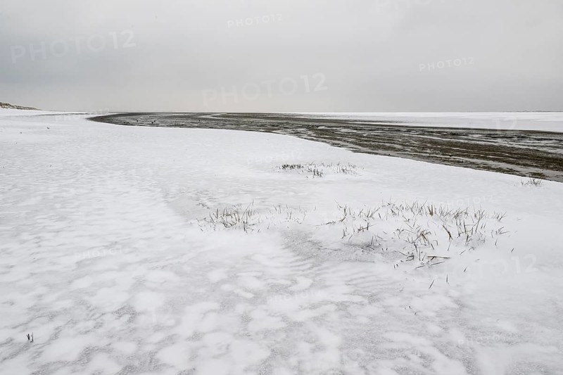 North Sea beach in snow, Langeoog, Lower Saxony, Germany